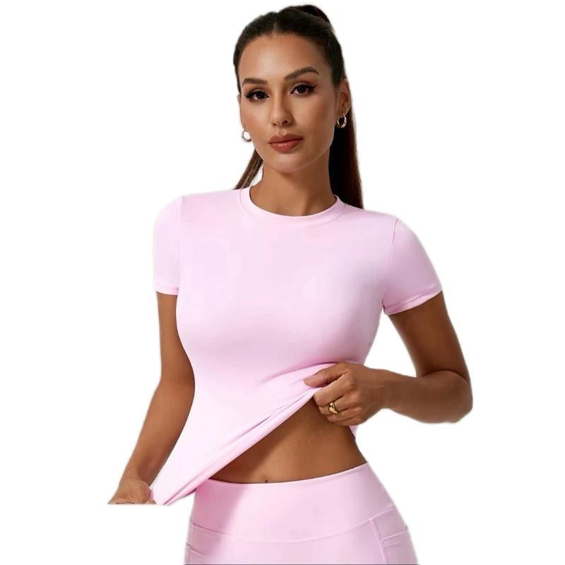Timeoff 5-Piece Solid Sports Tee Set round Neck Slim Stretchy Nylon Spandex Ideal for Yoga Gym Workouts Women'S Athletic Wear Sporty Style Clothes Lightweight Moisture Wicking Four Way Stretch
