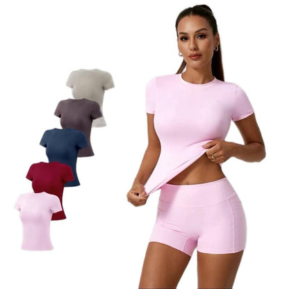 Timeoff 5-Piece Solid Sports Tee Set round Neck Slim Stretchy Nylon Spandex Ideal for Yoga Gym Workouts Women'S Athletic Wear Sporty Style Clothes Lightweight Moisture Wicking Four Way Stretch