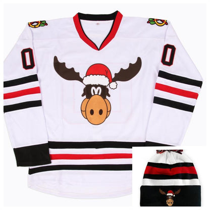 Christmas Reindeer Ice Hockey Jerseys+Knitted Hat, #00 Movie, Stitched Letters and Numbers S-XXXL Winter Hat for Festive Party, Christmas Gift