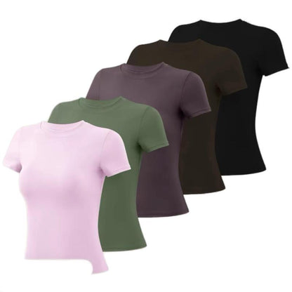 Timeoff 5-Piece Solid Sports Tee Set round Neck Slim Stretchy Nylon Spandex Ideal for Yoga Gym Workouts Women'S Athletic Wear Sporty Style Clothes Lightweight Moisture Wicking Four Way Stretch