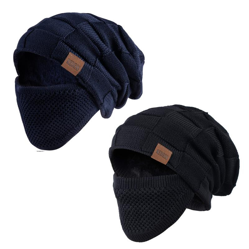 2PC Unisex Beanie Hat Winter Warm Knit Slouchy Skull Cap with Detachable Face Cover For