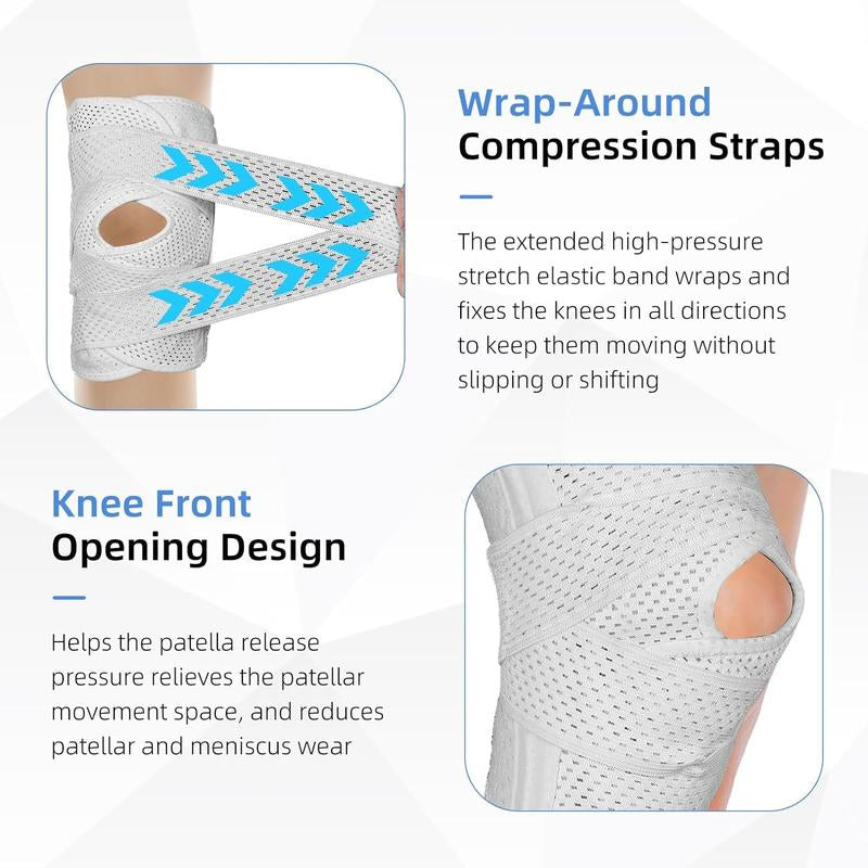 Knee Brace for Knee Pain, Compression Knee Support with Air Mesh Fabric, Adjustable Knee Wrap with Side Stabilizers, Ultra-Soft Bandage for Sports, Running, Meniscus Tear, ACL, Arthritis Relief