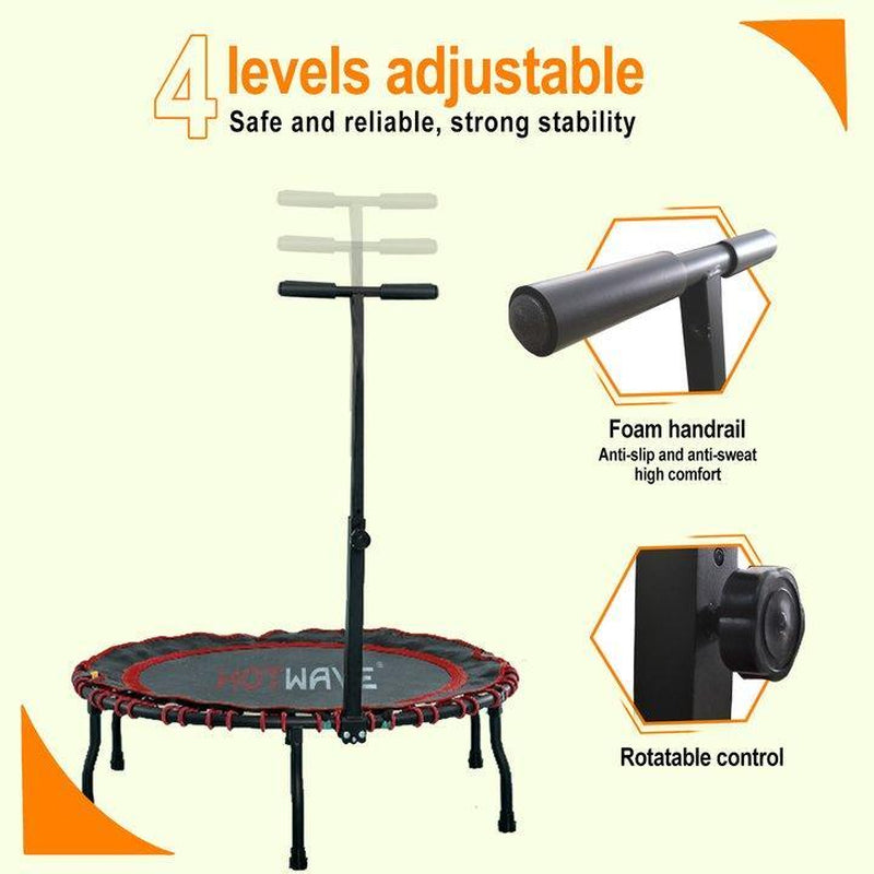 HOTWAVE Handrail Trampoline Foldable Indoor Mini Trampoline 40"/45" Fitness Trampoline Adjustable Height