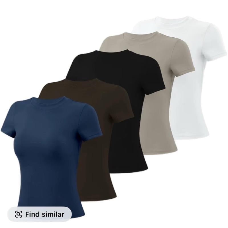 Timeoff 5-Piece Solid Sports Tee Set round Neck Slim Stretchy Nylon Spandex Ideal for Yoga Gym Workouts Women'S Athletic Wear Sporty Style Clothes Lightweight Moisture Wicking Four Way Stretch
