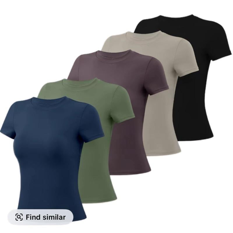 Timeoff 5-Piece Solid Sports Tee Set round Neck Slim Stretchy Nylon Spandex Ideal for Yoga Gym Workouts Women'S Athletic Wear Sporty Style Clothes Lightweight Moisture Wicking Four Way Stretch
