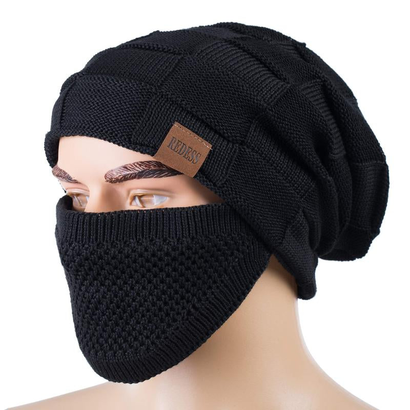 2PC Unisex Beanie Hat Winter Warm Knit Slouchy Skull Cap with Detachable Face Cover For