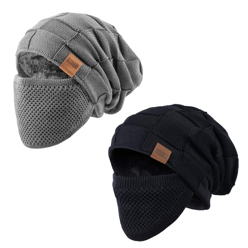 2PC Unisex Beanie Hat Winter Warm Knit Slouchy Skull Cap with Detachable Face Cover For